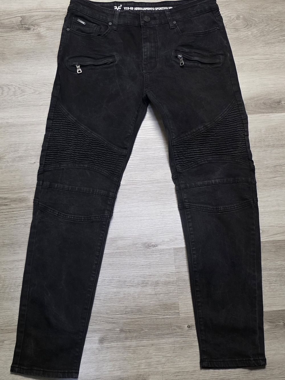 V1969 Italia Men's Black Biker Moto Jeans Ribbed Denim Pants Size 34x32